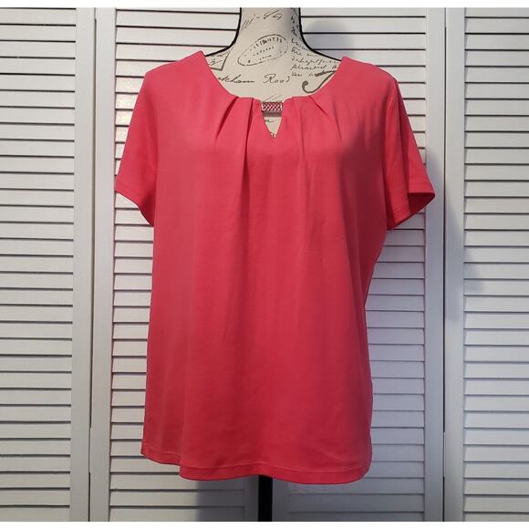 Rafaella Short Sleeve Blouse Women's Large Petite Coral Pleated Neckline Top - Picture 1 of 11